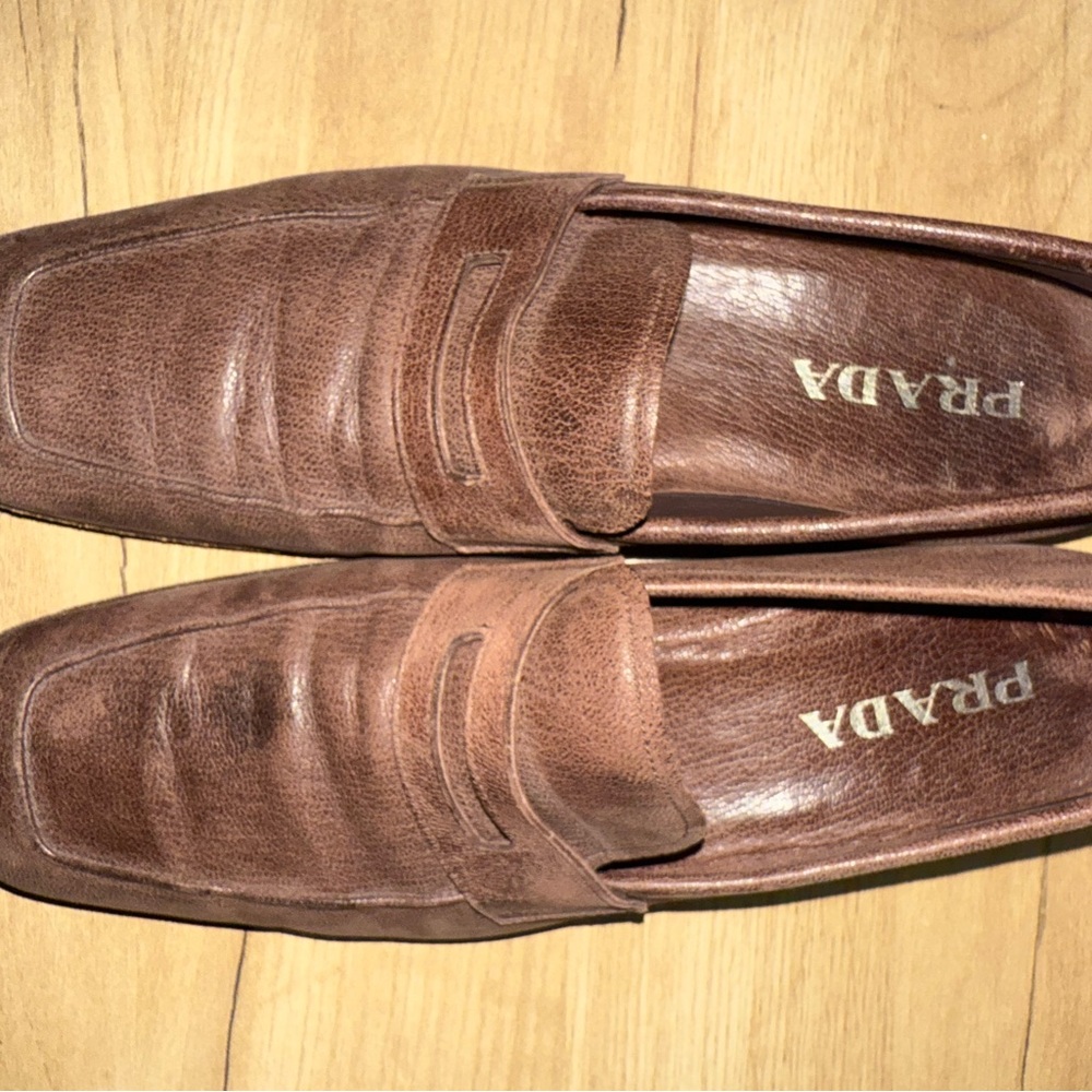 Prada Penny Loafers Mens Size 6.5 Brown Leather‎ Slip On Split Toe Dress Shoes B